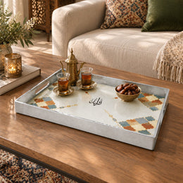 Ramadan & Eid al-Fitr Plastic Serving Tray – Blush Geometric Medallion plastic serving tray shown in a rectangular styled scene.