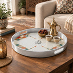 Ramadan & Eid al-Fitr Plastic Serving Tray – Blush Geometric Medallion plastic serving tray shown in a round styled scene.