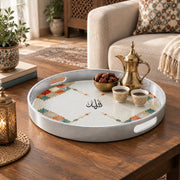 Ramadan & Eid al-Fitr Plastic Serving Tray – Blush Geometric Medallion plastic serving tray shown in a round styled scene.