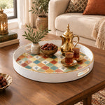 Ramadan & Eid al-Fitr Plastic Serving Tray – Cream Honeycomb Tiles plastic serving tray shown in a round styled scene.