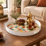 Ramadan & Eid al-Fitr Plastic Serving Tray – Cream Honeycomb Tiles plastic serving tray shown in a round styled scene.