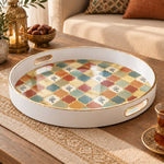 Ramadan & Eid al-Fitr Plastic Serving Tray – Cream Honeycomb Tiles plastic serving tray shown in a round product view.