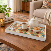Ramadan & Eid al-Fitr Plastic Serving Tray – Cream Honeycomb Tiles plastic serving tray shown in a rectangular styled scene.
