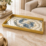 Wedding Plastic Serving Tray – Navy Gold Swirl Marble plastic serving tray shown in a rectangular product view.