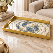 Wedding Plastic Serving Tray – Navy Gold Swirl Marble plastic serving tray shown in a rectangular product view.