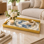 Wedding Plastic Serving Tray – Navy Gold Swirl Marble plastic serving tray shown in a rectangular styled scene.