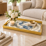 Wedding Plastic Serving Tray – Navy Gold Swirl Marble plastic serving tray shown in a rectangular styled scene.