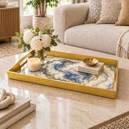 Wedding Plastic Serving Tray – Navy Gold Swirl Marble plastic serving tray shown in a rectangular styled scene.