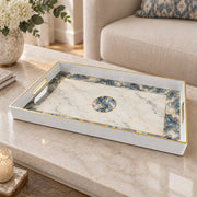 Wedding Plastic Serving Tray – Navy Medallion Marble Border plastic serving tray shown in a rectangular product view.