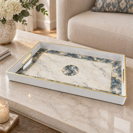 Wedding Plastic Serving Tray – Navy Medallion Marble Border plastic serving tray shown in a rectangular product view.