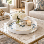 Wedding Plastic Serving Tray – Navy Medallion Marble Border plastic serving tray shown in a round styled scene.