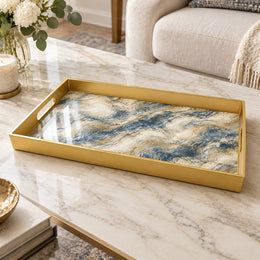 Wedding Plastic Serving Tray – Blue Marble Gold Vein plastic serving tray shown in a rectangular product view.