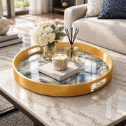 Wedding Plastic Serving Tray – Blue Marble Gold Vein plastic serving tray shown in a round styled scene.