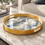 Wedding Plastic Serving Tray – Blue Marble Gold Vein plastic serving tray shown in a round product view.