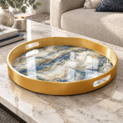 Wedding Plastic Serving Tray – Blue Marble Gold Vein plastic serving tray shown in a round product view.