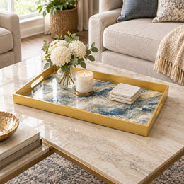Wedding Plastic Serving Tray – Blue Marble Gold Vein plastic serving tray shown in a rectangular styled scene.