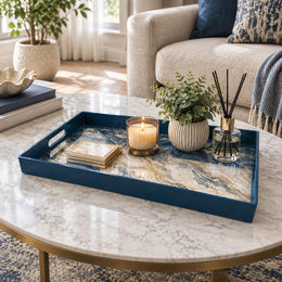 Wedding Plastic Serving Tray – Deep Blue Drift Marble plastic serving tray shown in a rectangular styled scene.