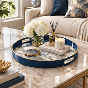 Wedding Plastic Serving Tray – Deep Blue Drift Marble plastic serving tray shown in a round styled scene.