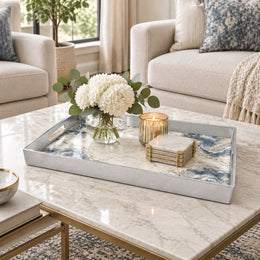 Wedding Plastic Serving Tray – Pale Grey Vein Marble plastic serving tray shown in a rectangular styled scene.