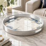 Wedding Plastic Serving Tray – Pale Grey Vein Marble plastic serving tray shown in a round product view.