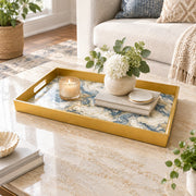 Wedding Plastic Serving Tray – Ivory Navy Vein Marble plastic serving tray shown in a rectangular styled scene.