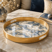 Wedding Plastic Serving Tray – Ivory Navy Vein Marble plastic serving tray shown in a round product view.