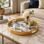 Wedding Plastic Serving Tray – Ivory Navy Vein Marble plastic serving tray shown in a round styled scene.