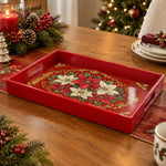 Christmas Plastic Serving Tray – Red Poinsettia Medallion plastic serving tray shown in a rectangular product view.