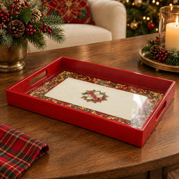 Christmas Plastic Serving Tray – Ivory Poinsettia Border plastic serving tray shown in a rectangular product view.