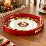 Christmas Plastic Serving Tray – Ivory Poinsettia Border plastic serving tray shown in a round product view.