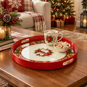 Christmas Plastic Serving Tray – Ivory Poinsettia Border plastic serving tray shown in a round styled scene.