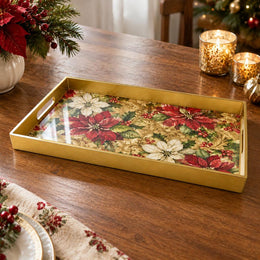 Christmas Plastic Serving Tray – Gold Poinsettia Field plastic serving tray shown in a rectangular product view.