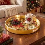 Christmas Plastic Serving Tray – Gold Poinsettia Field plastic serving tray shown in a round styled scene.