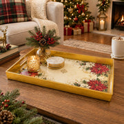 Christmas Plastic Serving Tray – Poinsettia Medallion Corners plastic serving tray shown in a rectangular styled scene.