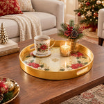 Christmas Plastic Serving Tray – Poinsettia Medallion Corners plastic serving tray shown in a round styled scene.