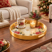 Christmas Plastic Serving Tray – Poinsettia Medallion Corners plastic serving tray shown in a round styled scene.