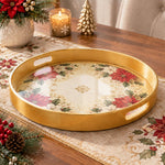 Christmas Plastic Serving Tray – Poinsettia Medallion Corners plastic serving tray shown in a round product view.