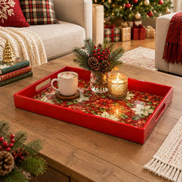 Christmas Plastic Serving Tray – Deep Red Poinsettia Field plastic serving tray shown in a rectangular styled scene.