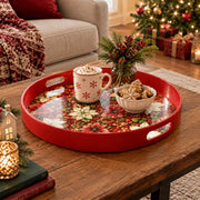 Christmas Plastic Serving Tray – Deep Red Poinsettia Field plastic serving tray shown in a round styled scene.