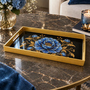 Ramadan & Eid al-Fitr Plastic Serving Tray – Blue Peony Gold Vine plastic serving tray shown in a rectangular product view.