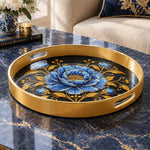 Ramadan & Eid al-Fitr Plastic Serving Tray – Blue Peony Gold Vine plastic serving tray shown in a round product view.