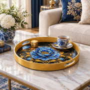 Ramadan & Eid al-Fitr Plastic Serving Tray – Blue Peony Gold Vine plastic serving tray shown in a round styled scene.