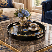 Ramadan & Eid al-Fitr Plastic Serving Tray – Blue Rose Gold Panel plastic serving tray shown in a round styled scene.