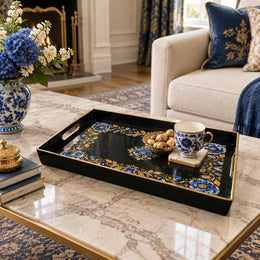Ramadan & Eid al-Fitr Plastic Serving Tray – Blue Rose Gold Panel plastic serving tray shown in a rectangular styled scene.