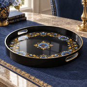 Ramadan & Eid al-Fitr Plastic Serving Tray – Blue Rose Gold Panel plastic serving tray shown in a round product view.