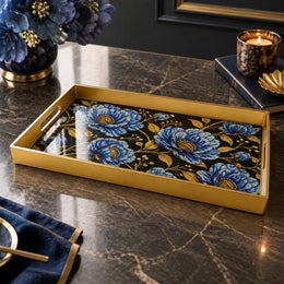 Ramadan & Eid al-Fitr Plastic Serving Tray – Blue Peony Corner Spray plastic serving tray shown in a rectangular product view.