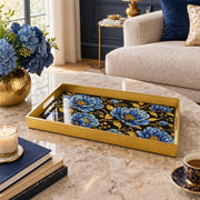 Ramadan & Eid al-Fitr Plastic Serving Tray – Blue Peony Corner Spray plastic serving tray shown in a rectangular styled scene.