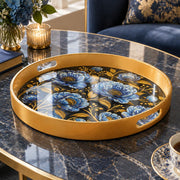 Ramadan & Eid al-Fitr Plastic Serving Tray – Blue Peony Corner Spray plastic serving tray shown in a round product view.
