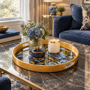 Ramadan & Eid al-Fitr Plastic Serving Tray – Blue Peony Corner Spray plastic serving tray shown in a round styled scene.