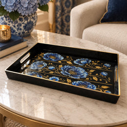 Ramadan & Eid al-Fitr Plastic Serving Tray – Blue Peony Band Repeat plastic serving tray shown in a rectangular product view.